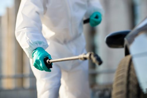 Close-up of disinfection activities due to the COVID-19 pandemic